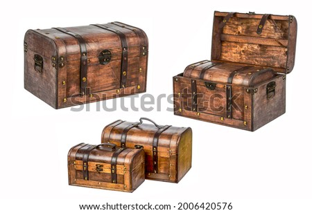 A set of chests isolated on white. Chest set. Open chest and closed chests