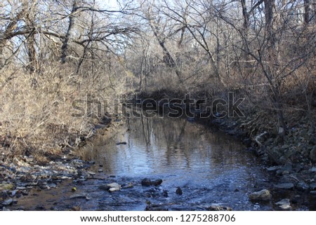 Reflection of Water in Stream Crossing the Gary L. Haller Trail in Johnson County, Kansas Stok fotoğraf © 