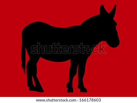An illustration of a donkey silhouette on a red background.