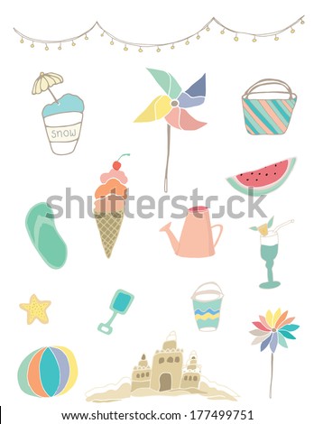 Collection of Hand Drawn Summer Vector Clip Art Elements - Beach Ball, Sand Castle, Pinwheel, Water Can, Flip Flop, Snow Cone, Beach Bag, and Watermelon Slice