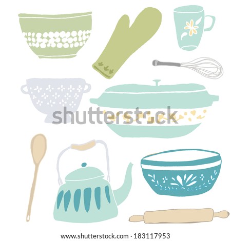 Cute Hand Drawn Set of Vintage Cooking Bowls, Tea Pot, Oven Mitt, Colander, and Rolling Pin