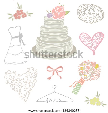 Cute Hand Drawn Wedding Clip Art Collection With Wedding Cake, Wedding Dress, Heart, Bouquet, Flowers, Bride Hanger