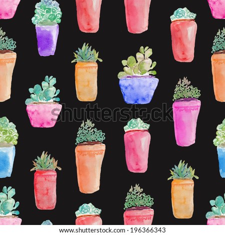 Background. Succulent Pattern. Painted Succulents. Succulents in Pots. Succulent Plant Background. Colorful Succulent Plants. Repeating Plant Background.