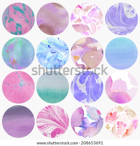 Watercolor Circles On Isolated White Background. Digital Scrapbooking Circles. Decorative Circles.