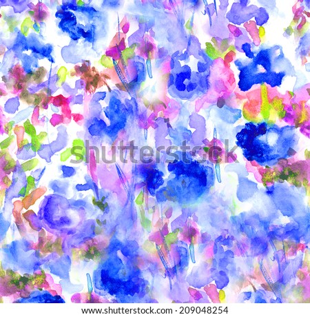 Colorful, Loose Abstract Watercolor Floral Landscape Background. Blue Floral Background