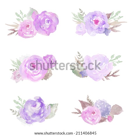 Purple Watercolor Floral Bunches. Bunches of Flowers. Purple Flower Bouquet. Painted Flower Bouquet.