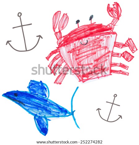 Nautical Childrens Drawing of Crab and Shark With Crayon