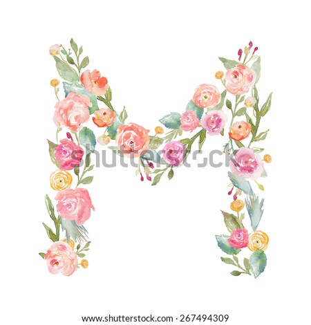 Watercolor Floral Monogram Letter M. Floral Alphabet Letters on Isolated White Background. Alphabet Letter Made of Flowers