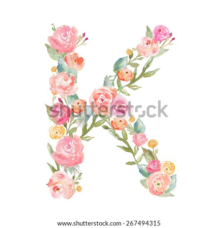 Watercolor Floral Monogram Letter on Isolated White Background. Alphabet Letter Made of Flowers