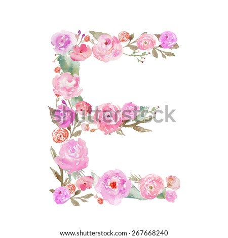 Watercolor Floral Monogram Letter E. Alphabet Letter E Made of Flowers