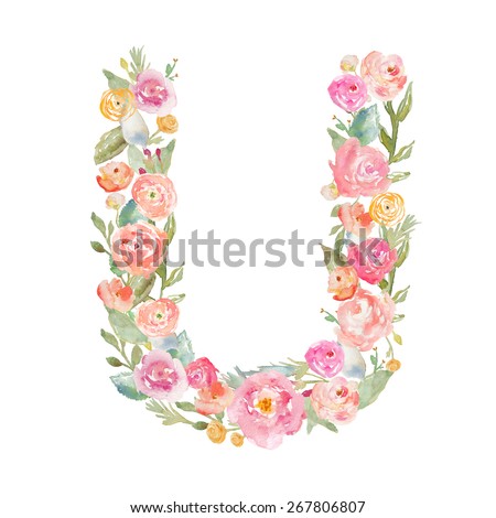 Floral Watercolor Flower Monogram Letter U. Letter U Made of Flowers.
