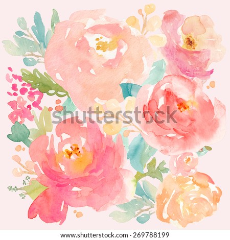Watercolor Peony Background With Flowers and Leaves. Watercolor Flower Painting
