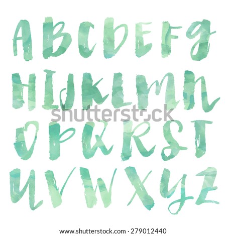 Mint Green Painted Alphabet Letters. Modern Brush Lettering ABCs. Hand Painted Alphabet Letters on Isolated Background. Watercolor ABC Letters.