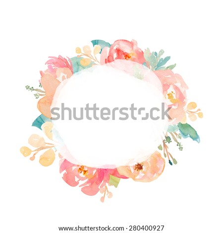 Watercolor Flower Wreath With Watercolor Center Texture. Watercolour Floral Frame. Watercolour Flower Frame. Round Watercolor Flower Frame.