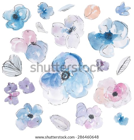 Hand Painted Watercolor Flowers With Sketchy Texture. Blue Watercolor Flowers