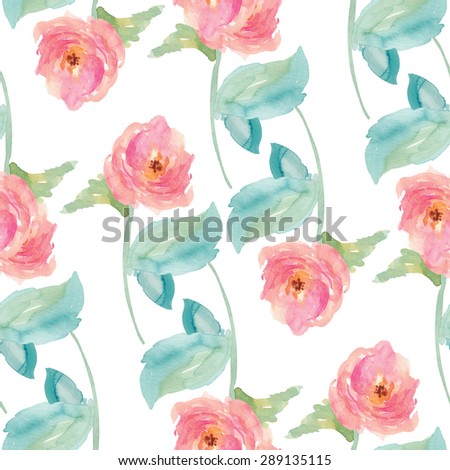 Pink Peony Watercolor Flower Pattern. Seamless Pink Watercolor Flower Pattern
