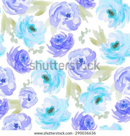 Painted Watercolor Flowers Pattern Background. Blue Watercolor Flower Background Pattern. Floral Pattern