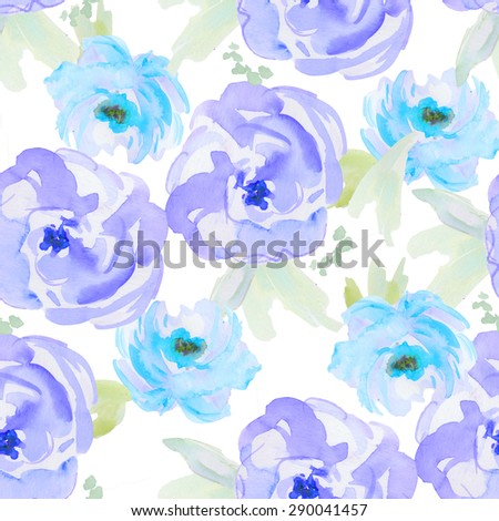 Modern Watercolor Flower Pattern. Blue Watercolour Floral Background