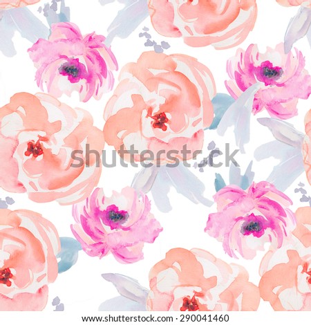Modern Pink and Orange Watercolor Floral Pattern. Repeating Watercolor Peony Pattern