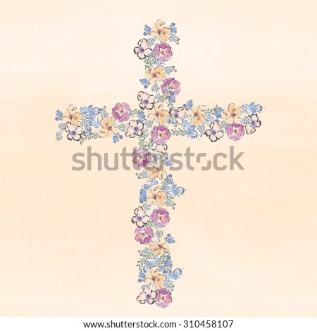 Watercolor Cross. Watercolor Flower Cross Made of Flowers