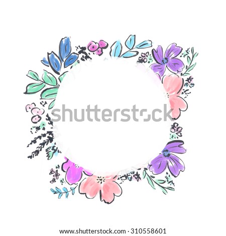 Modern Watercolor Flower Frame. Floral Watercolor Frame. Round Watercolor Frame