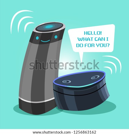 Cute cartoon vector illustrations of home voice activated technology machine