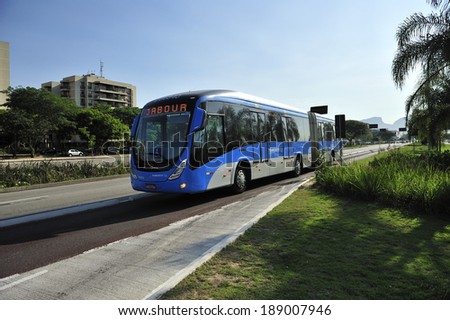 Rio de Janeiro, RJ, Brazil-December 6, 2012: BRT(Bus Rapid Transit), bus-based mass transit system, implemented to avoid traffic congestion for hosting Olympics. Bus-only lanes make for faster travel,