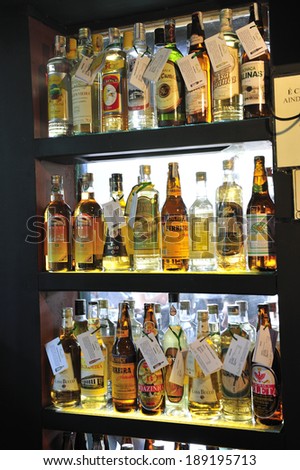 Rio de Janeiro, Brazil-April 10, 2010:Cachaca, distilled spirit made from sugarcane juice, the most popular distilled alcoholic beverage in Brazil