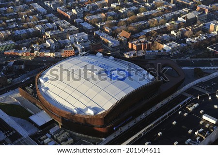 Brooklyn, New York - November. 22. 2012: Aerial view of Barclay Center, multi-purpose arena, home of Brooklyn Nets Basketball team and future home to NY Islanders. Brooklyn, New York
