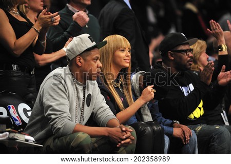 BROOKLYN, NY - November. 26. 2012: Beyonce and Jay-Z, who was the co-owner of  Brooklyn Nets, at court side of Brooklyn Nets vs New York Knicks game at Barclays Center