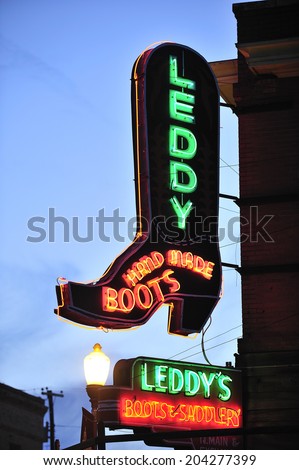 Fort Worth, Teas, USA, - March. 24. 2012: Cowboy boots store neon sign, at Fort Worth Stockyards Historic District, former livestock market, now main tourist attraction in Fort Worth, TX