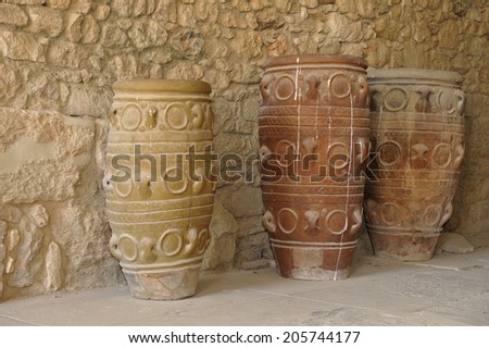 Clay jars at the Palace of Knossos, Crete, Greece. Knossos Palace is the largest Bronze Age archaeological site on Crete and is considered Europe\'s oldest city,