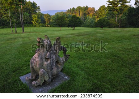 Berkshires, MA, USA -September. 1. 2010: Sculpture in the garden at Wheatleigh, former gilded age mansion, now luxurious hotel in Lenox, state of Massachusetts, USA