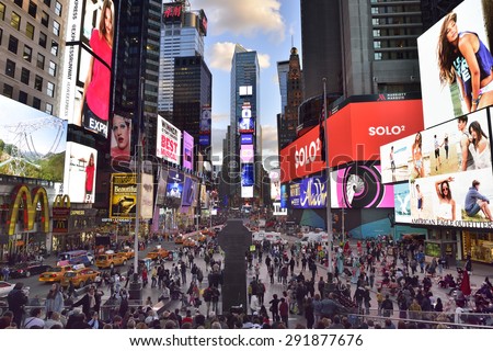 NEW YORK CITY, USA- April, 28. 2015: Times Square, with Broadway Theaters and animated LED signs, is a symbol of New York City and the United States, , Manhattan, New York City.