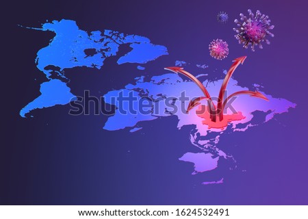 China pathogen respiratory coronavirus 2019-ncov flu spreading map. 3D view of world, China map, arrows, floating influenza virus cells. Dangerous chinese ncov corona virus, SARS pandemic risk alert