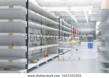 Empty shelves in supermarket store due to China novel coronavirus covid-19 (2019-nCoV) outbreak panic. Face masks are sold out. China, Italy, Iran, USA pathogen virus pandemic spread 3D illustration