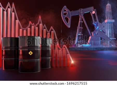 Saudi Arabia, Russia, USA oil price war. Coronavirus covid-19 impact on oil market. Oil price collapse, global economy impact 3D background: oil pump, derrick drill rig, barrels, price charts crash