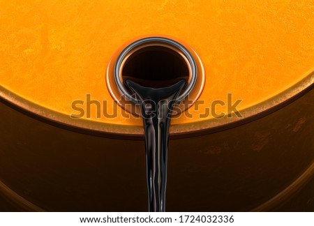 Pouring oil from orange barrel, black fluid 3D illustration. Plunging oil demand, oversupply, dwindling storage space. Petroleum production business price war crisis, oil market storage space collapse