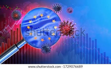 Coronavirus disease pandemic Europe economics impact 3D concept. European economy background: covid-19 ncov 2019 corona virus, European Union flag, downtrend charts, stock exchange market price data