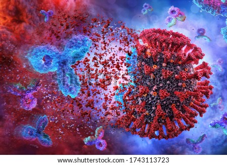 Antibodies attacking coronavirus covid-19. Virus cell attack 3D medical background. Corona virus sars-cov-2 flu cell destruction by immunoglobulin. Coronavirus sars virus treatment 3d microscope image