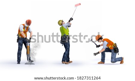 Construction workers team set isolated on white background. Jackhammer builder worker with pneumatic hammer drill, painter with a roller, carpenter worker. 3D workers characters design illustration