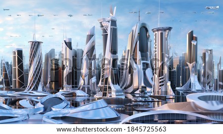Future city 3D scene. Futuristic cityscape creative concept illustration with fantastic skyscrapers, towers, tall buildings, flying vehicles. Sci fi metropolis town panorama at sunny day background