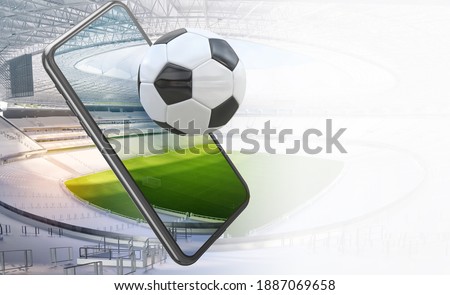 Football soccer sport stadium field, smartphone with ball, tribunes. Mobile football soccer championship arena. Watching sports, gaming apps, betting online, coronavirus impact sport events 3D concept