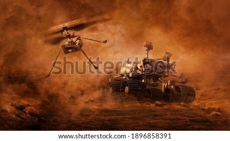 Mars rover and helicopter drone exploring surface of Mars. Image of automated robotic space autonomous vehicle on the red Mars planet. Universe, space exploration, astronomy science concept. 3D render