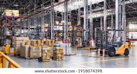 Industrial distribution, shopping center warehouse. Storage with high shelves, pallet trucks, goods boxes on rack, forklifts, loaders. Rows of shelves with cargo boxes in retail merchandise shop, 3D Сток-фото © 