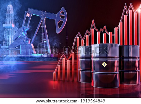 Increasing oil stock price. Oil price up growth graph 3D background: oil pump, drill rig, barrels, energy high price charts rise. Coronavirus covid-19 impact on brent oil market economy fluctuations 
