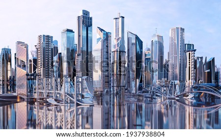 Future city skyline panorama 3D scene. Futuristic cityscape concept illustration: modern skyscrapers, office high towers, city tall buildings. Panoramic urban view of metropolis town, sky background