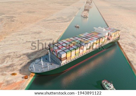 Maritime traffic jam. Container cargo ship run aground and stuck in Suez Canal, blocking world's busiest waterway. Ever given grounding 3D illustration. Cargo vessels traffic jam grows in Suez canal Stock fotó © 