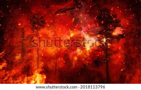Turkey battles forest fires, wildfires threaten resorts, tourists evacuated. Flames of burning forest fire, fire fumes, smokes, firefighter helicopter battling fire. Dramatic situation in Turkey, 3D