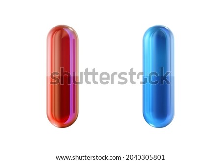 Two medical pills from the matrix, red and blue drug gel capsules isolated on white background. The right choice metaphor, important decision symbol concept, red pill and blue pill 3d illustration
